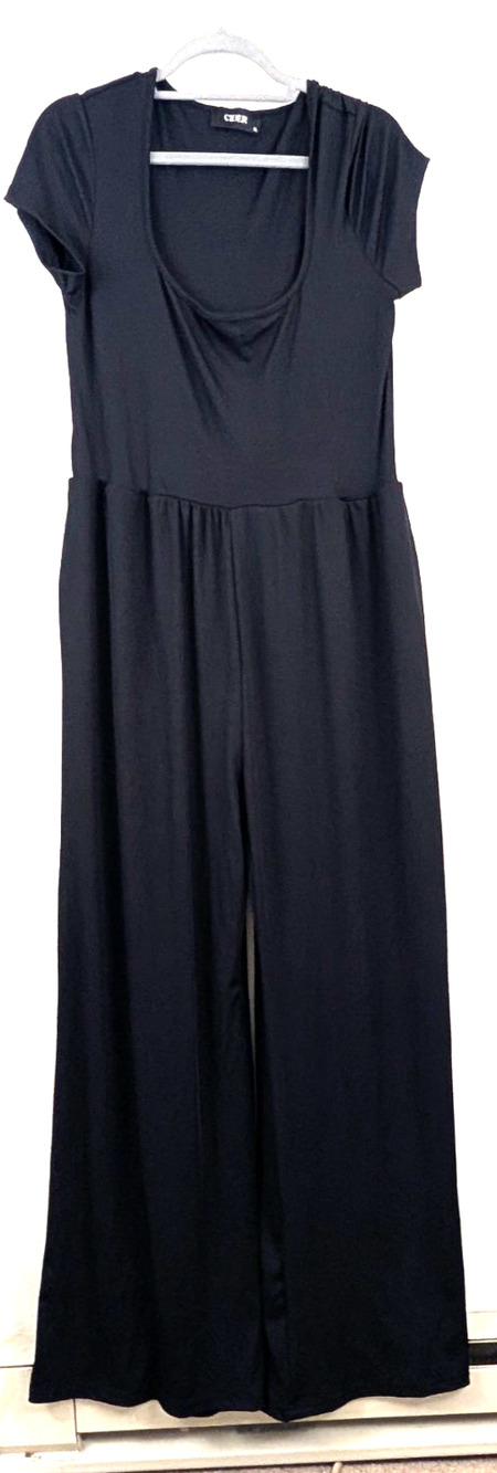 Cider sz XL One Piece Jumpsuit black wide legs ss slinky stretchy 1593